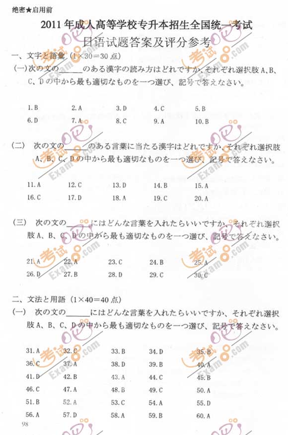 2011成人高考专升本《日语》试题及答案(图9) 2011成人高考专升本《日语》试题及答案(图9)